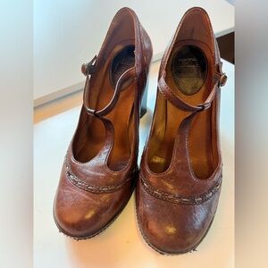 Frye Adrienne Stitch Brown T-Strap Heels